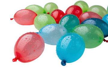 Realistic, glossy water balloons filled with vibrant colored water in red, blue, and green, scattered randomly on a white background.
