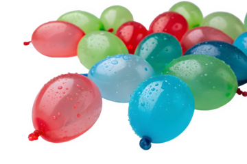 Realistic, glossy water balloons filled with vibrant colored water in red, blue, and green, scattered randomly on a white background.
