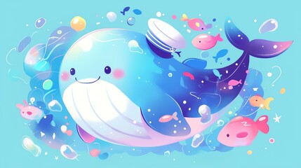 A cheerful cartoon whale swimming amidst colorful fish and bubbles.