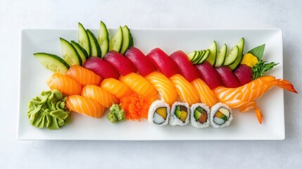 A sushi platter arranged in the shape of a dragon, vibrant ingredients forming an artistic presentation