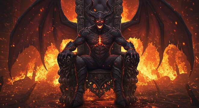 A horned demon sits upon his throne amidst fiery hellscape