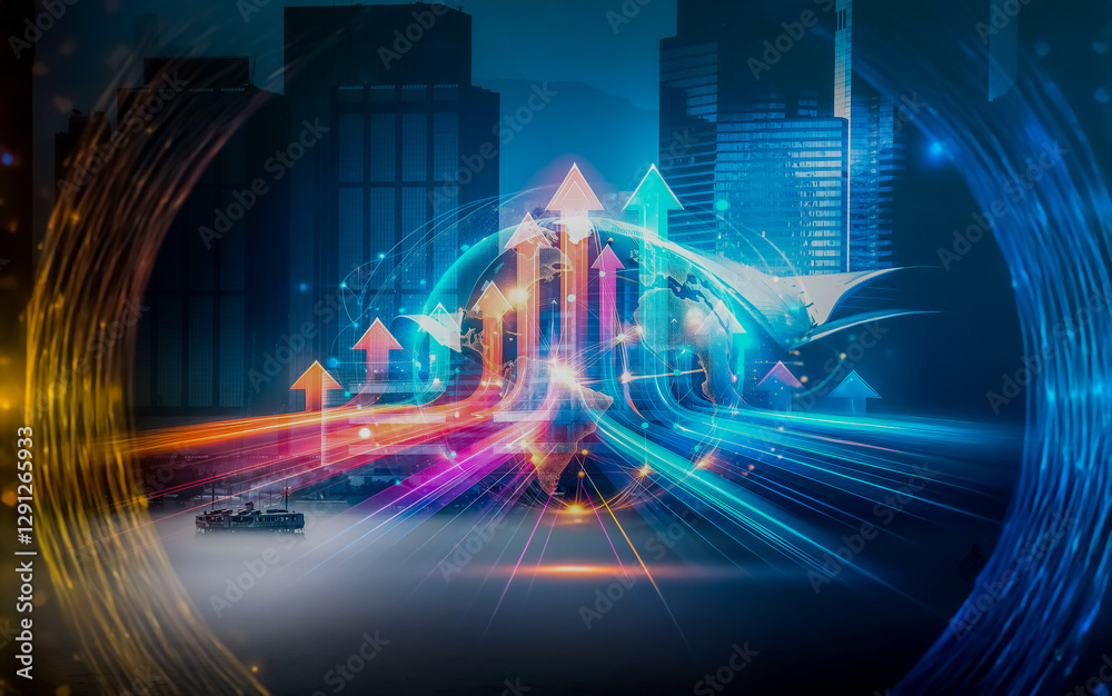 Aufkleber Hong Kong cityscape with skyscrapers and dynamic arrows pointing upwards, representing business growth and a concept of growing up in the business world.