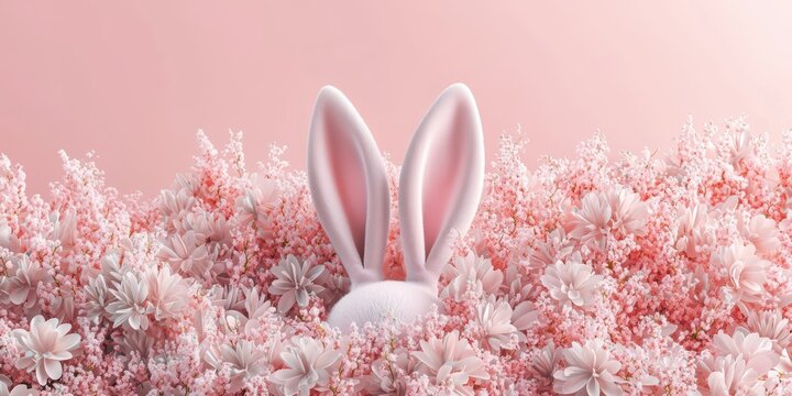 3d background minimalistic mockup with space for text, Easter bunny ears peeking out from a soft bed of pastel flowers