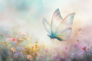 Illustration of a magical creature with butterfly wings, flying through a field of colorful wildflowers. The scene is whimsical and enchanting, filled with soft, pastel hues and a sense of joyful