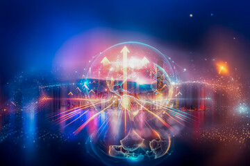 Abstract concept of business growth and development in Hong Kong. Globe with upward arrows symbolizes global progress in a vibrant, futuristic style.