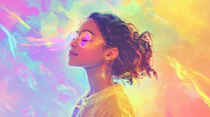 Dreamy Portrait of Young Woman with Colorful Background and Stylish Sunglasses