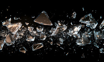 Broken glass close-up, shooting, broken glass in the air, explosion, debris, sharp, commercial, poster, backpicture, advertisement, wallpaper, background, sports, studio level shooting