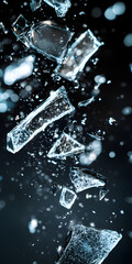 Broken glass close-up, shooting, broken glass in the air, explosion, debris, sharp, commercial, poster, backpicture, advertisement, wallpaper, background, sports, studio level shooting