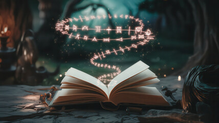 Magical Spellbook Glowing in Forest with Mystical Lighting and Enchanted Pages