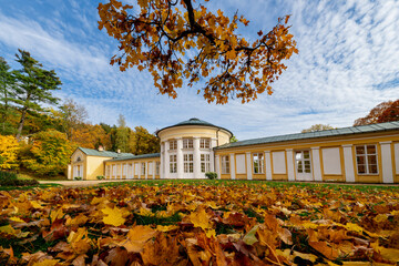 Spa architecture - colonnade of cold mineral water spring Ferdinand - autumn in the park of great spa town Marianske Lazne (Marienbad) in the western part of the Czech Republic (region Karlovy Vary)