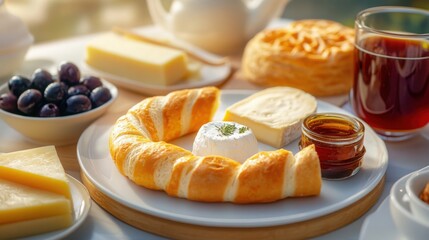 A Turkish breakfast spread with simit, olives, cheeses, honey, and a steaming glass of Ã§ay, rich 