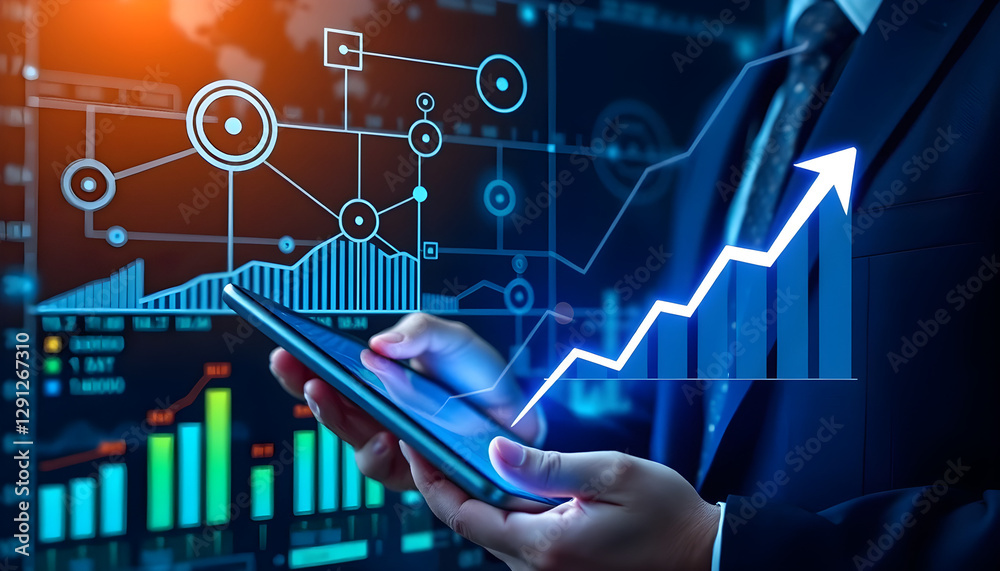 Wall mural Business growth and internet technology. Business person using tablet computer. Network structure and graphs