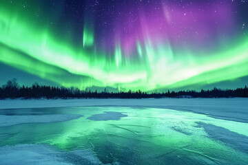 A breathtaking view of the Northern Lights dancing across the night sky over a snow covered landscape. The vibrant green and purple auroras reflect on the icy surface of a frozen lake, creating a