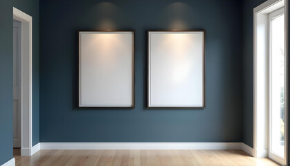 A modern room with two empty, blank picture frames on a dark blue wall, a wooden floor, and soft overhead lighting