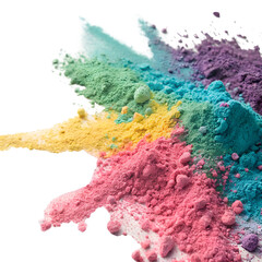 Obraz premium Close-up of colorful Holi powder bursting in mid-air, showcasing fine particles in shades of pink, blue, yellow, green, and purple, isolated on a white background. 