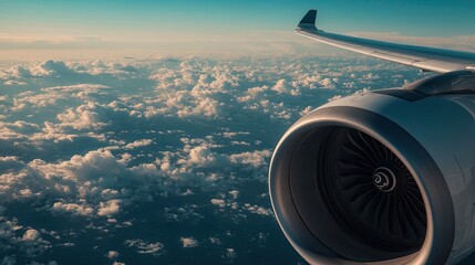 A close-up of the airplane engine and wing above the Atlantic Ocean, with clouds dotting the surface far below, capturing the essence of long-distance flights.