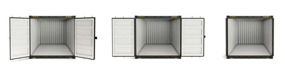 Front view of intermodal container with open doors. Black cargo container for storage, transportation goods. Isolated on a white background. 3D illustration