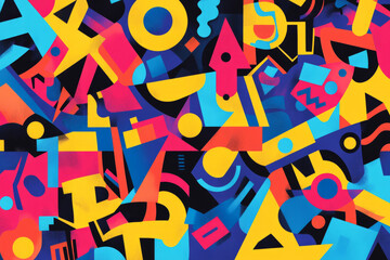 Fototapeta premium Illustration of a cluster of random geometric shapes, such as squares, triangles, and circles, in a playful mix of vibrant colors. The whimsical and fun arrangement creates an energetic, joyful