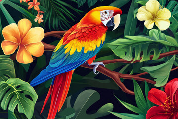 Obraz premium Illustration of a colorful parrot perched on a branch, surrounded by tropical flowers and vines. The bright, vivid colors of the parrot feathers stand out against the lush greenery, creating an exotic