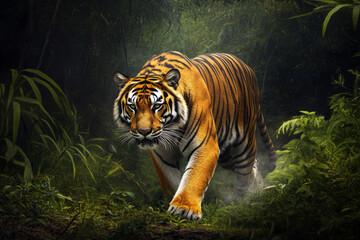 Illustration of a majestic tiger walking through a dense jungle, its orange and black stripes standing out against the vibrant green foliage. The scene exudes power and grace, capturing the essence of