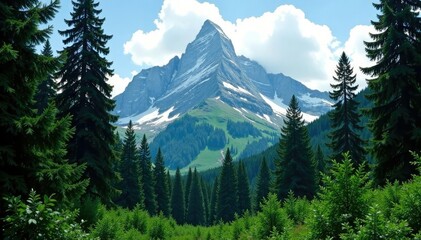 Obraz premium Dense forest with tall trees surrounding a mountain peak, nature scenery, trees landscape