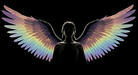 Mystical angel figure with beautiful rainbow wings against black background