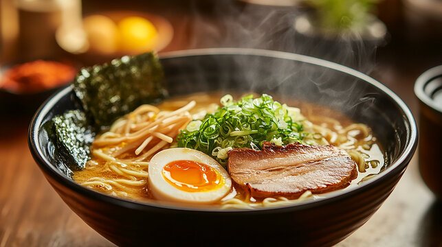 A steaming bowl of ramen with chashu pork and a soft-boiled egg