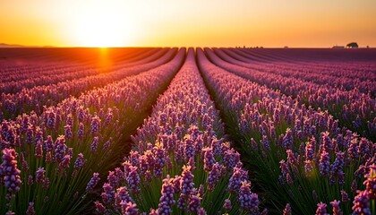Naklejka premium Stunning Lavender Fields at Sunset: Breathtaking Nature Photography