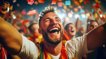 Joyful man at colorful festival celebration. Smiling broadly with happiness and joy in festive crowd. Confetti surrounds, creating lively party scene. Ideal for celebrating community togetherness and