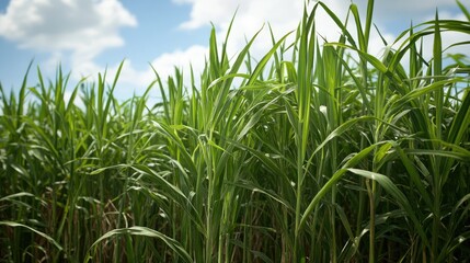 Obraz premium A dense field of tall sugarcane stalks with long green leaves swaying gently, capturing the essence of tropical agriculture.