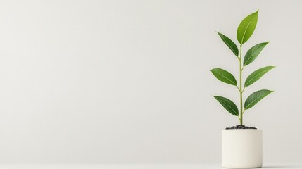 Small plant growing in white pot, white background, growth concept, website banner