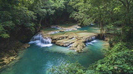Naklejka premium Serene Turquoise Waterfall Oasis in Lush Tropical Forest