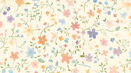 Design an elegant pattern featuring small, colorful flowers in shades of pink and purple on a cream background
