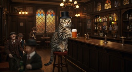 Cat wearing a top hat and monocle drinks beer at bar