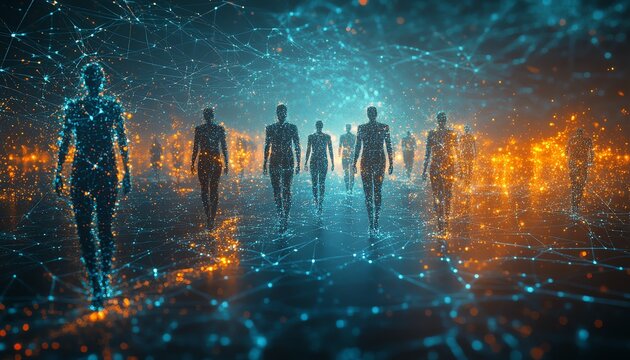 Tiny human figures connected by intricate weblike dots and lines