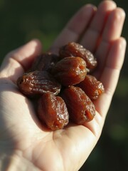 Obraz premium Hand Holding Glossy Dried Dates Outdoor in Nature