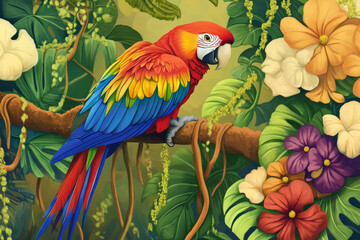 Fototapeta premium Illustration of a colorful parrot perched on a branch, surrounded by tropical flowers and vines. The bright, vivid colors of the parrot feathers stand out against the lush greenery, creating an exotic