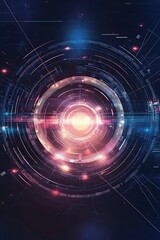 Futuristic glowing digital interface with circular neon cybernetic technology and abstract data connections