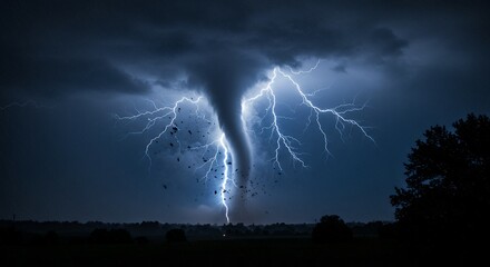A menacing tornado is illuminated by multiple lightning strikes
