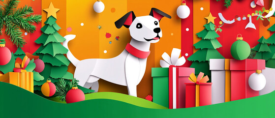 Charming Smooth Fox Terrier Dog Surrounded by Festive Christmas Papercut Decorations Perfect for Holiday Cheer and Seasonal Joy in a Cozy Winter Setting