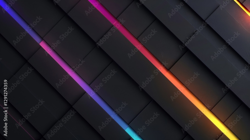 Poster 3d luxury abstract black geometric texture with rainbow color neon light stripes, background banner 