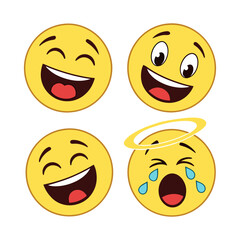 Flat yellow emoji collection. Happy smile, sad crying face and angry facial expressions. Emoticons vector icons set