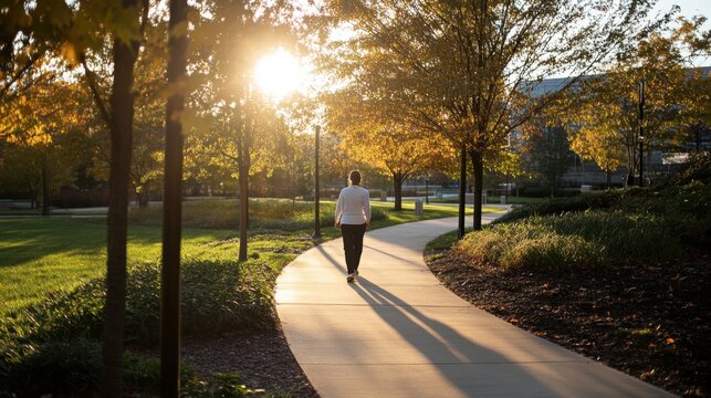 Hypertension patient engaging in a mindfulness walk at sunrise. Featuring mindfulness and wellness
