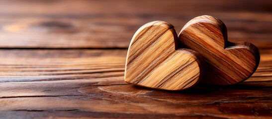 Extreme close-up of two wooden hearts on a wooden table with copy space, Valentine's Day Background. Generative Ai.