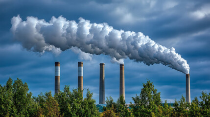 A skyline with industrial smokestacks emitting white smoke against a backdrop of cloudy skies and greenery