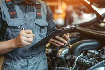 Obraz premium Car mechanic taking notes near open engine, professional service concept