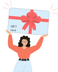 Happy woman holding gift card, receiving present, shopping concept