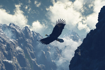 Obraz premium A majestic bald eagle soaring through the sky with its wings fully spread, set against a backdrop of towering mountain peaks.