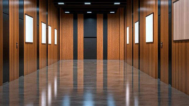 Modern wooden hallway with elevator doors and illuminated frames, reflecting polished floor