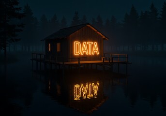 A house labeled data on a binary water lake symbolizes a data lakehouse.